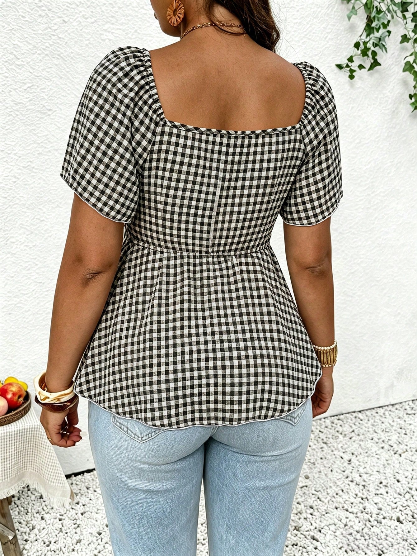 Frenchy Plus Size Women's V-Neck Plaid Pattern Short Sleeve T-Shirt, Casual Versatile, Ruffle Sleeve Cuff Waist Tie Front Design, Elegant Top, Commute Business Top, Brown Top, Ruffle Top, Social
