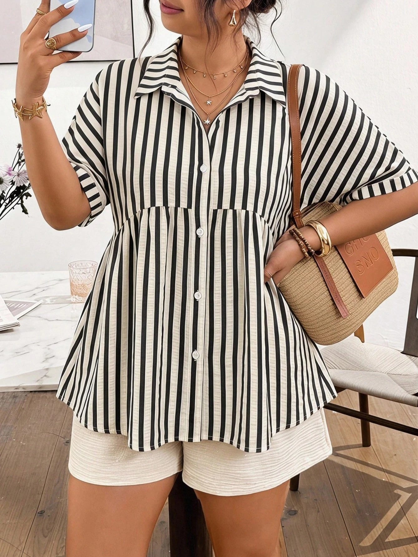 Frenchy Plus Size Women Striped Single-Breasted Casual Versatile Commuting Shirt Fall