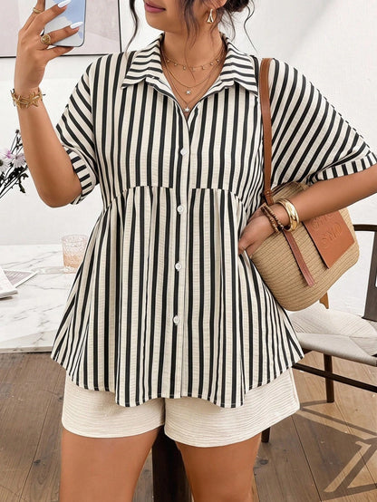 Frenchy Plus Size Women Striped Single-Breasted Casual Versatile Commuting Shirt Fall