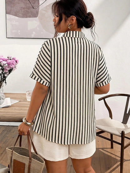 Frenchy Plus Size Women Striped Single-Breasted Casual Versatile Commuting Shirt Fall