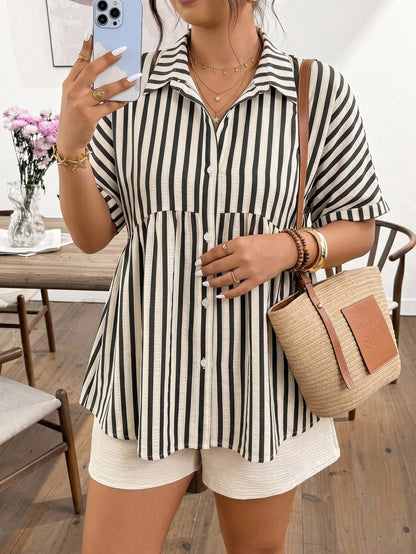 Frenchy Plus Size Women Striped Single-Breasted Casual Versatile Commuting Shirt Fall