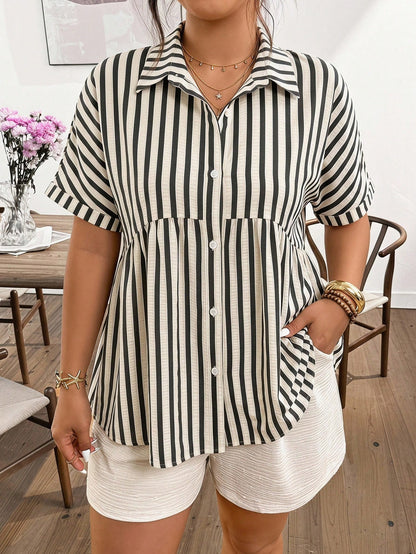 Frenchy Plus Size Women Striped Single-Breasted Casual Versatile Commuting Shirt Fall