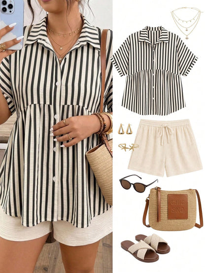 Frenchy Plus Size Women Striped Single-Breasted Casual Versatile Commuting Shirt Fall
