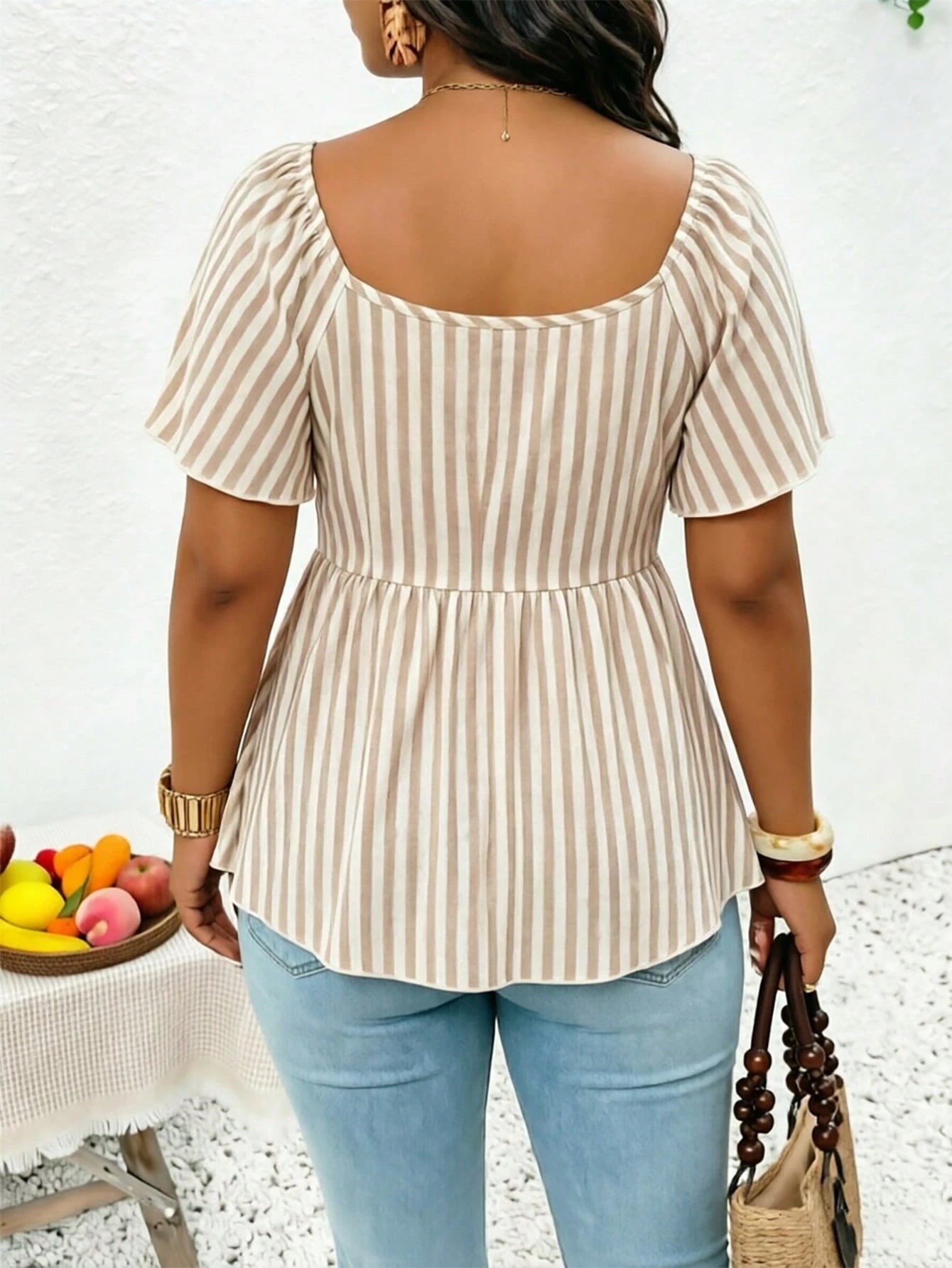Frenchy Plus Size Women V-Neck Short Waist Textured Brown Long Sleeve T-Shirt, Casual Versatile Tee, Ruffle Sleeve Cinching Waist Front Tie Design, Elegant Top, Commute Business Top, Brown Top B