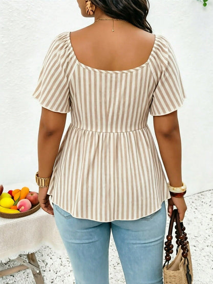 Frenchy Plus Size Women V-Neck Short Waist Textured Brown Long Sleeve T-Shirt, Casual Versatile Tee, Ruffle Sleeve Cinching Waist Front Tie Design, Elegant Top, Commute Business Top, Brown Top B