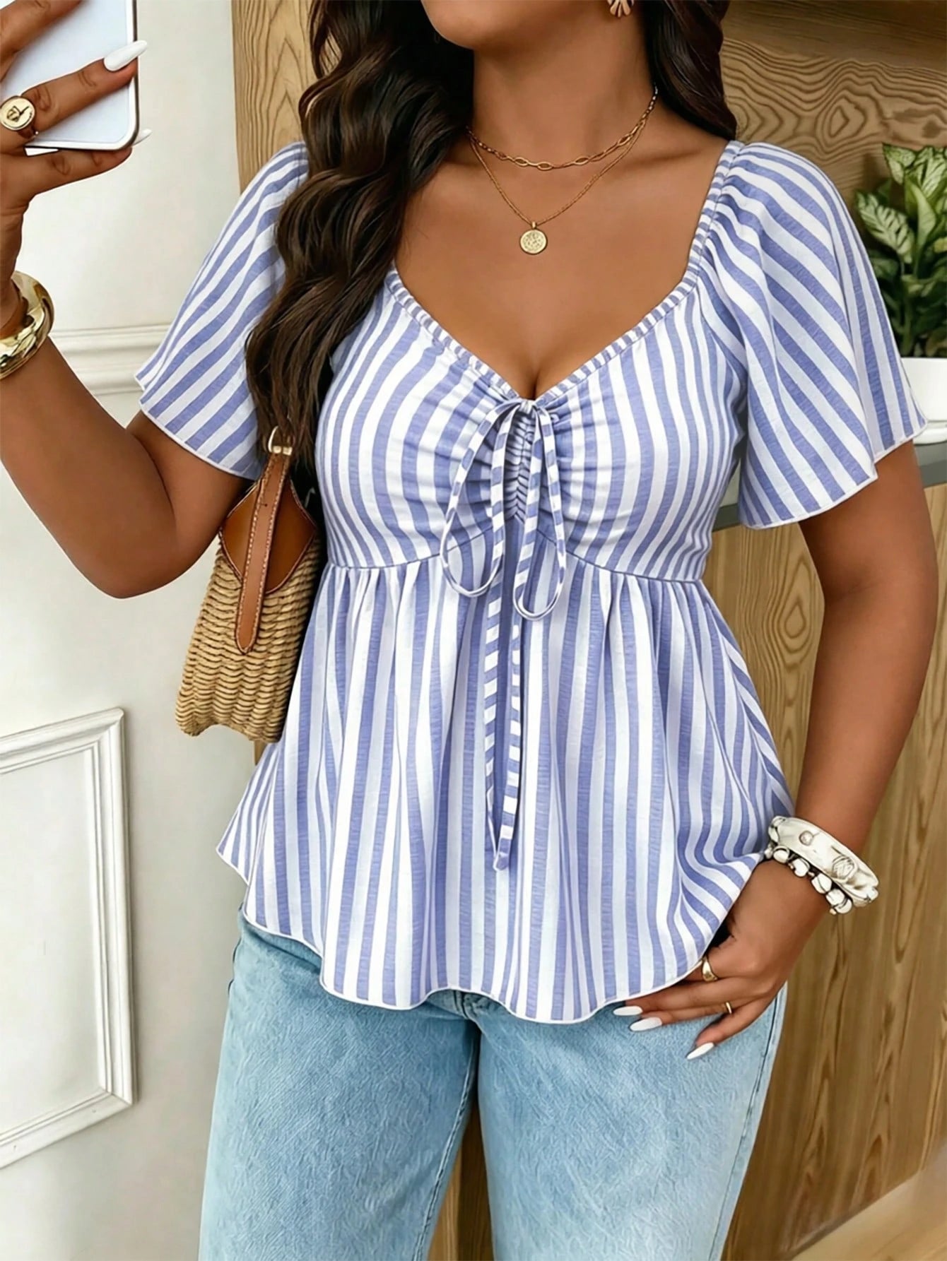 Frenchy Plus Size Women V-Neck Short Waist Textured Brown Long Sleeve T-Shirt, Casual Versatile Tee, Ruffle Sleeve Cinching Waist Front Tie Design, Elegant Top, Commute Business Top, Brown Top B