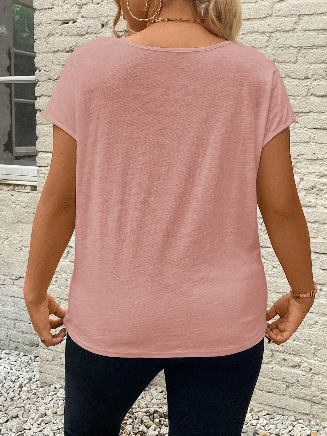 Frenchy Summer Lace Splicing Vacation Plus Size V-Neck Tee With Cut-Out Details