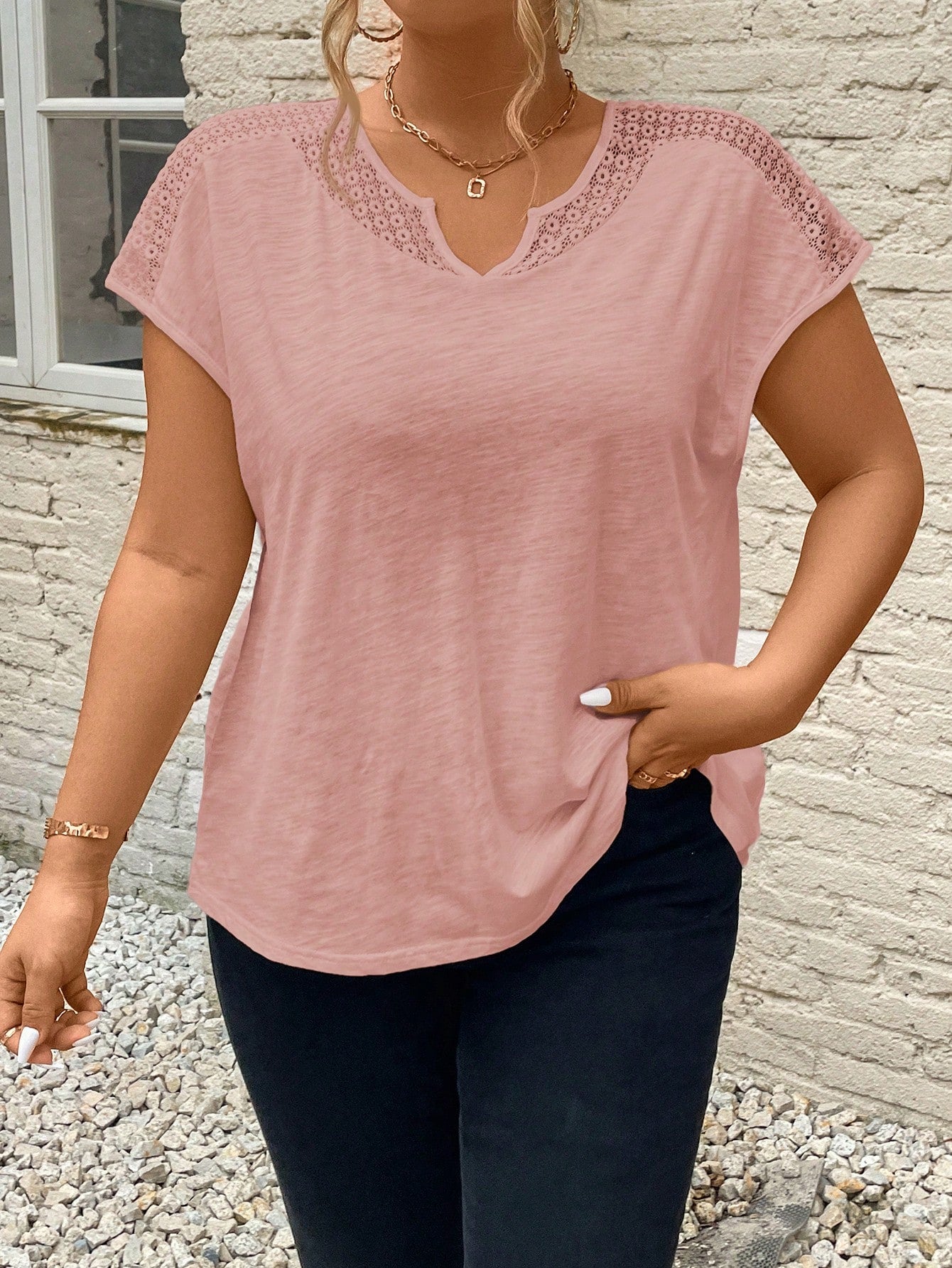 Frenchy Summer Lace Splicing Vacation Plus Size V-Neck Tee With Cut-Out Details