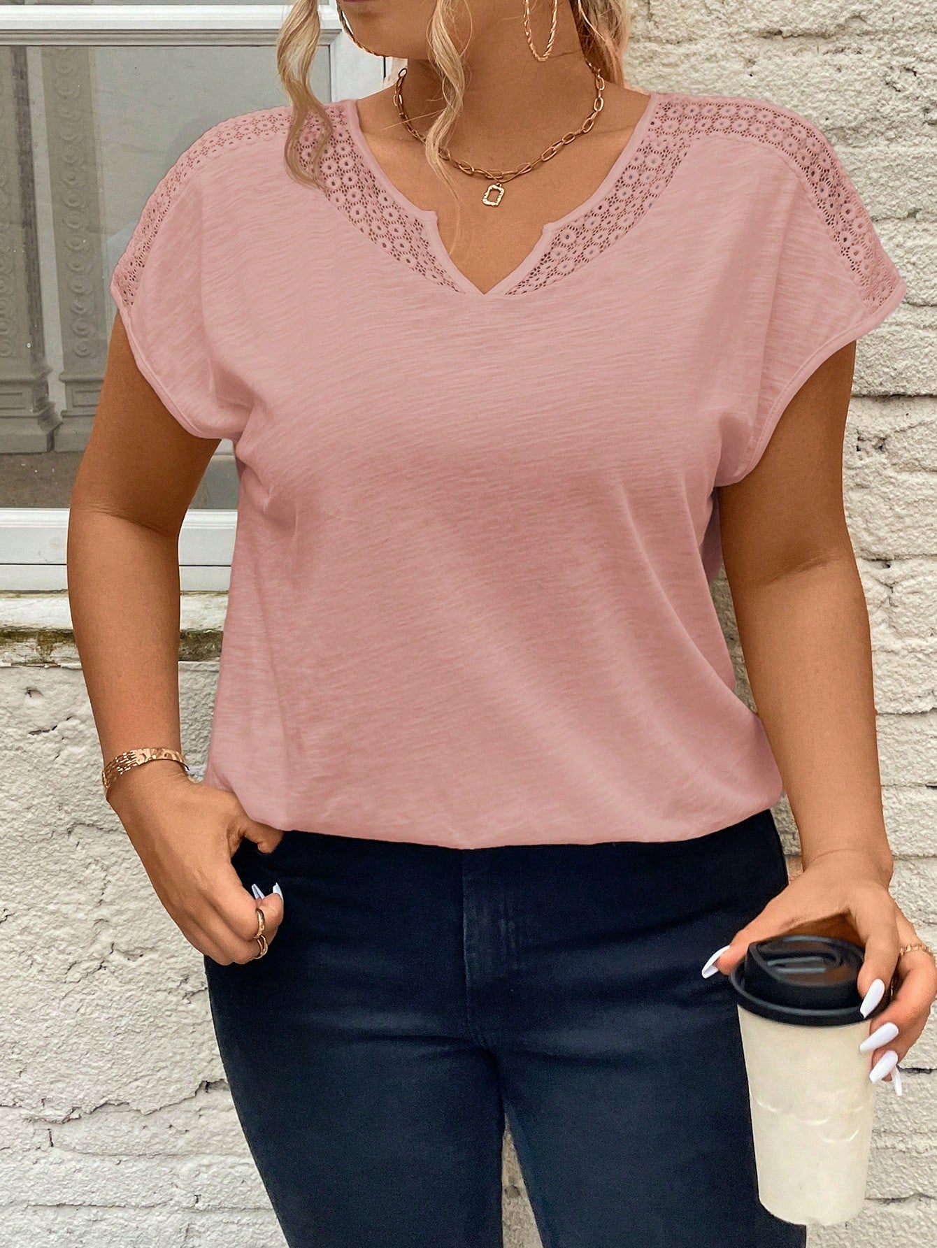 Frenchy Summer Lace Splicing Vacation Plus Size V-Neck Tee With Cut-Out Details