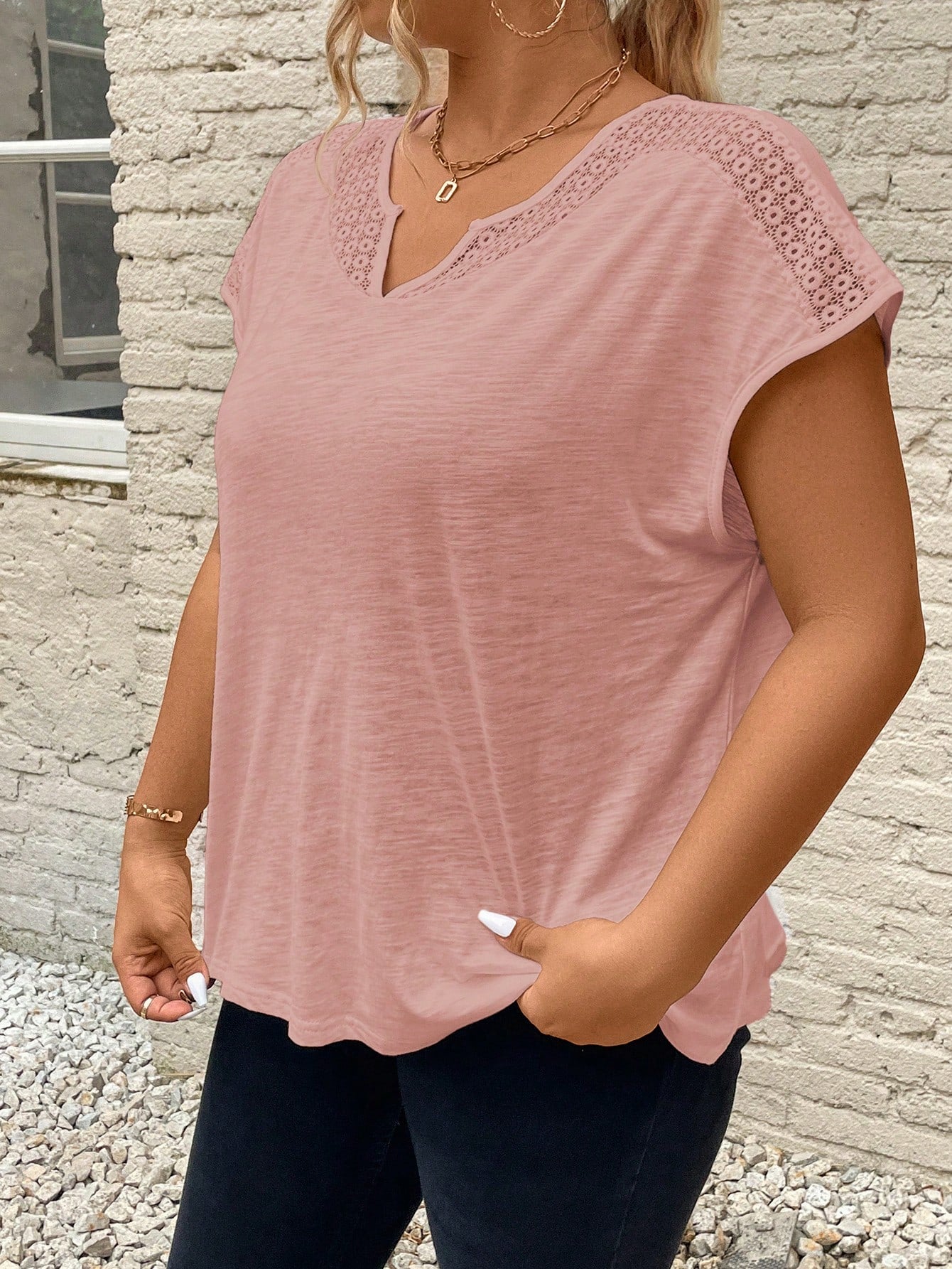 Frenchy Summer Lace Splicing Vacation Plus Size V-Neck Tee With Cut-Out Details