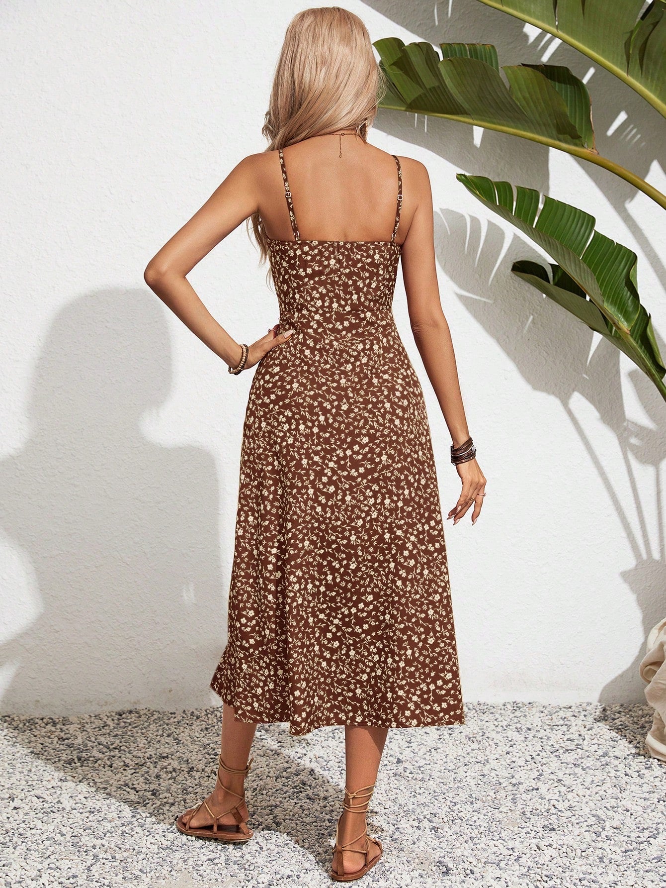 Frenchy Women Ditsy Floral Side Slit Hem Cami Dress,Summer Dresses,Summer Dresses For Women,Floral Brown Vacation Flower Beach Holiday Resort