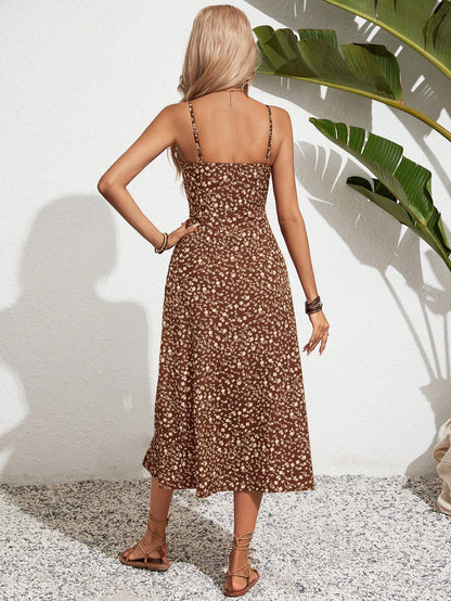 Frenchy Women Ditsy Floral Side Slit Hem Cami Dress,Summer Dresses,Summer Dresses For Women,Floral Brown Vacation Flower Beach Holiday Resort