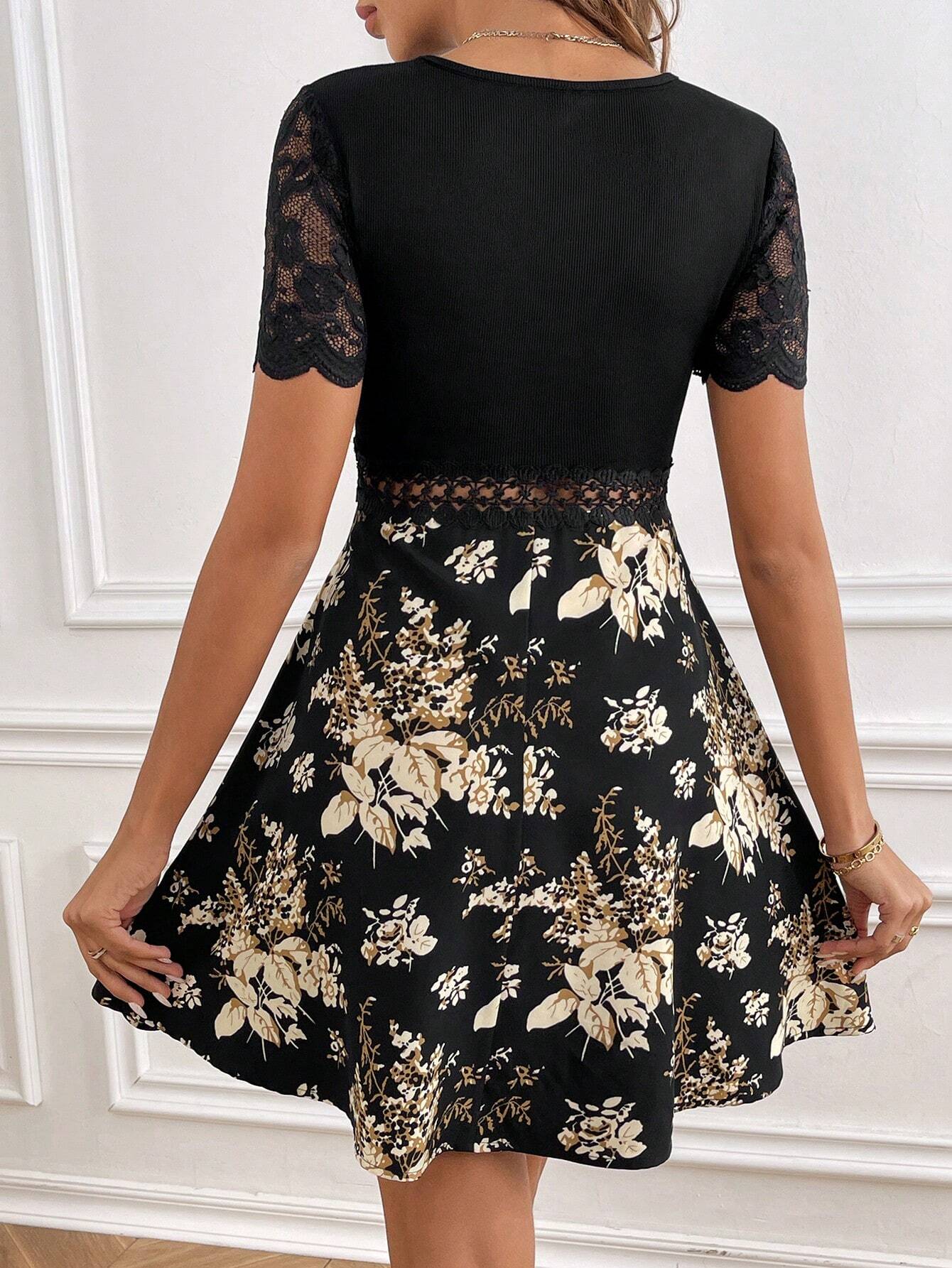 Frenchy Women's Black Floral Summer Elegant Tea Party Dress,Lace Patchwork Fitted Jersey A-Line Dress,Cutout Trim Waist,Contrast Raglan Sleeves,Beach Holiday