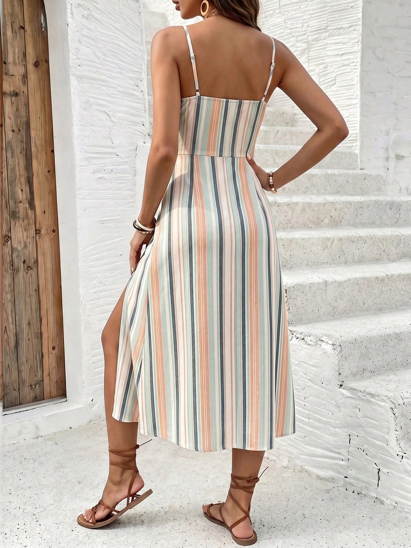 Frenchy Women's Spaghetti Strap Striped Pattern Sexy Hot Girl High Slit Midi Dress