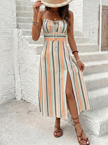 Frenchy Women's Spaghetti Strap Striped Pattern Sexy Hot Girl High Slit Midi Dress