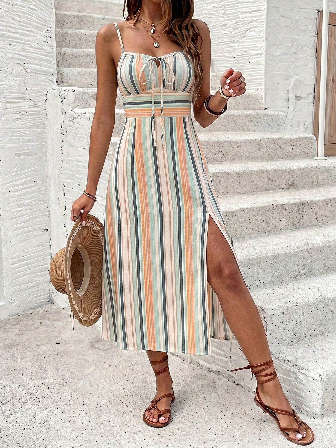 Frenchy Women's Spaghetti Strap Striped Pattern Sexy Hot Girl High Slit Midi Dress