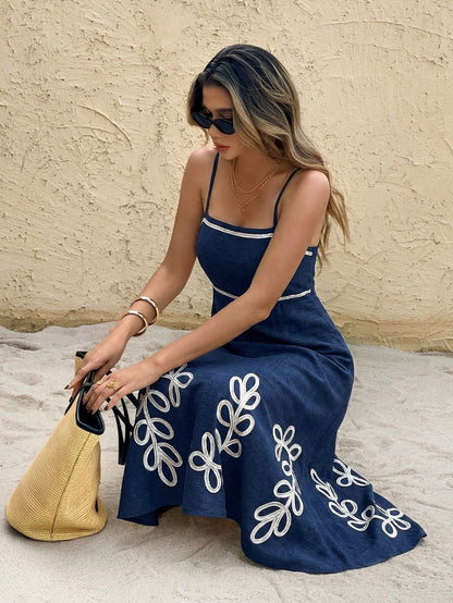 Frenchy Women's Summer Casual Vacation Style Plant Embroidery Waist Tie Slip Dress