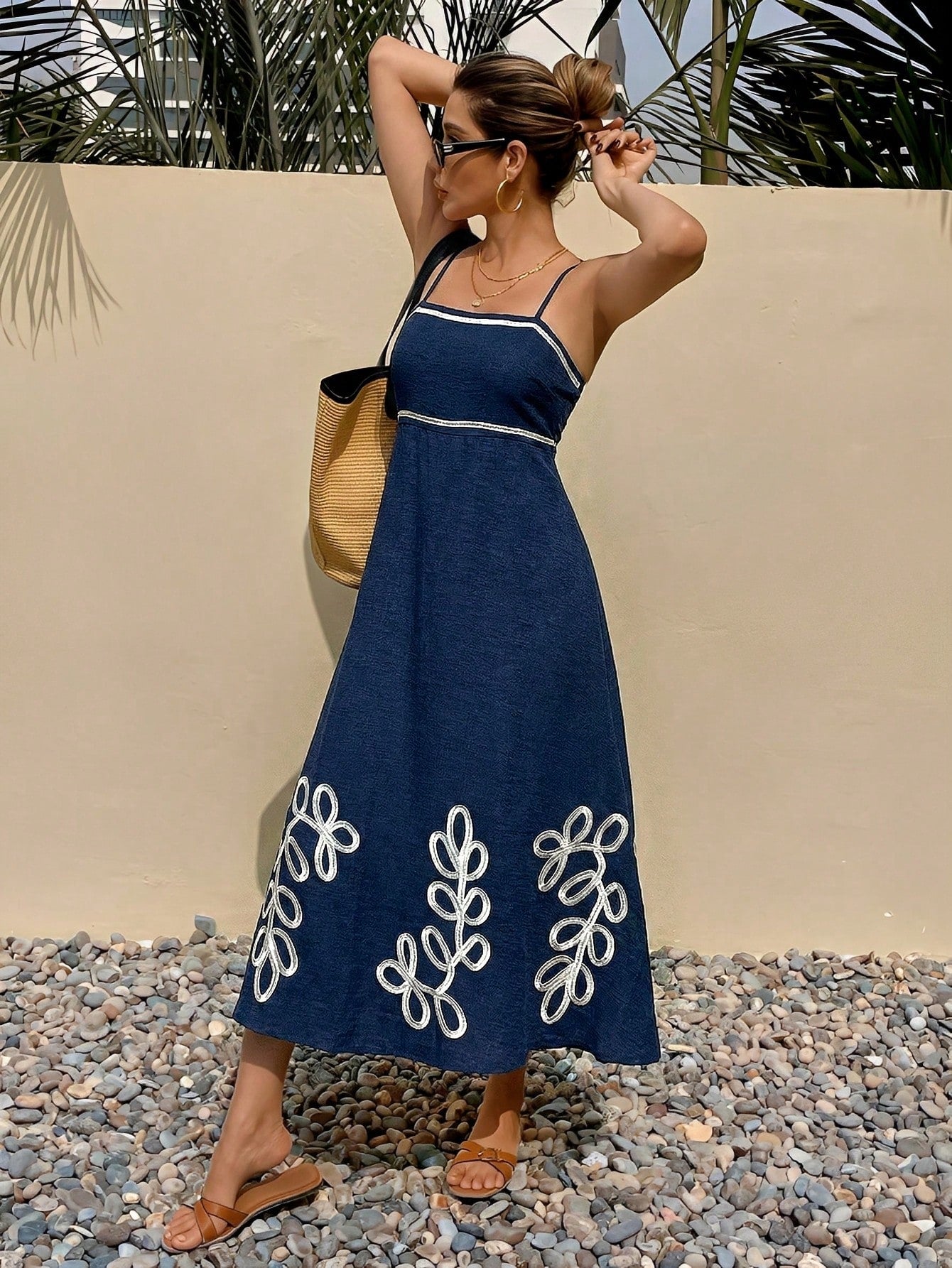 Frenchy Women's Summer Casual Vacation Style Plant Embroidery Waist Tie Slip Dress