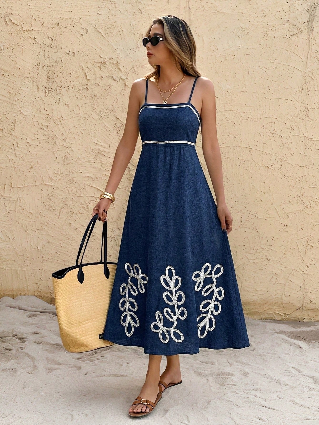 Frenchy Women's Summer Casual Vacation Style Plant Embroidery Waist Tie Slip Dress