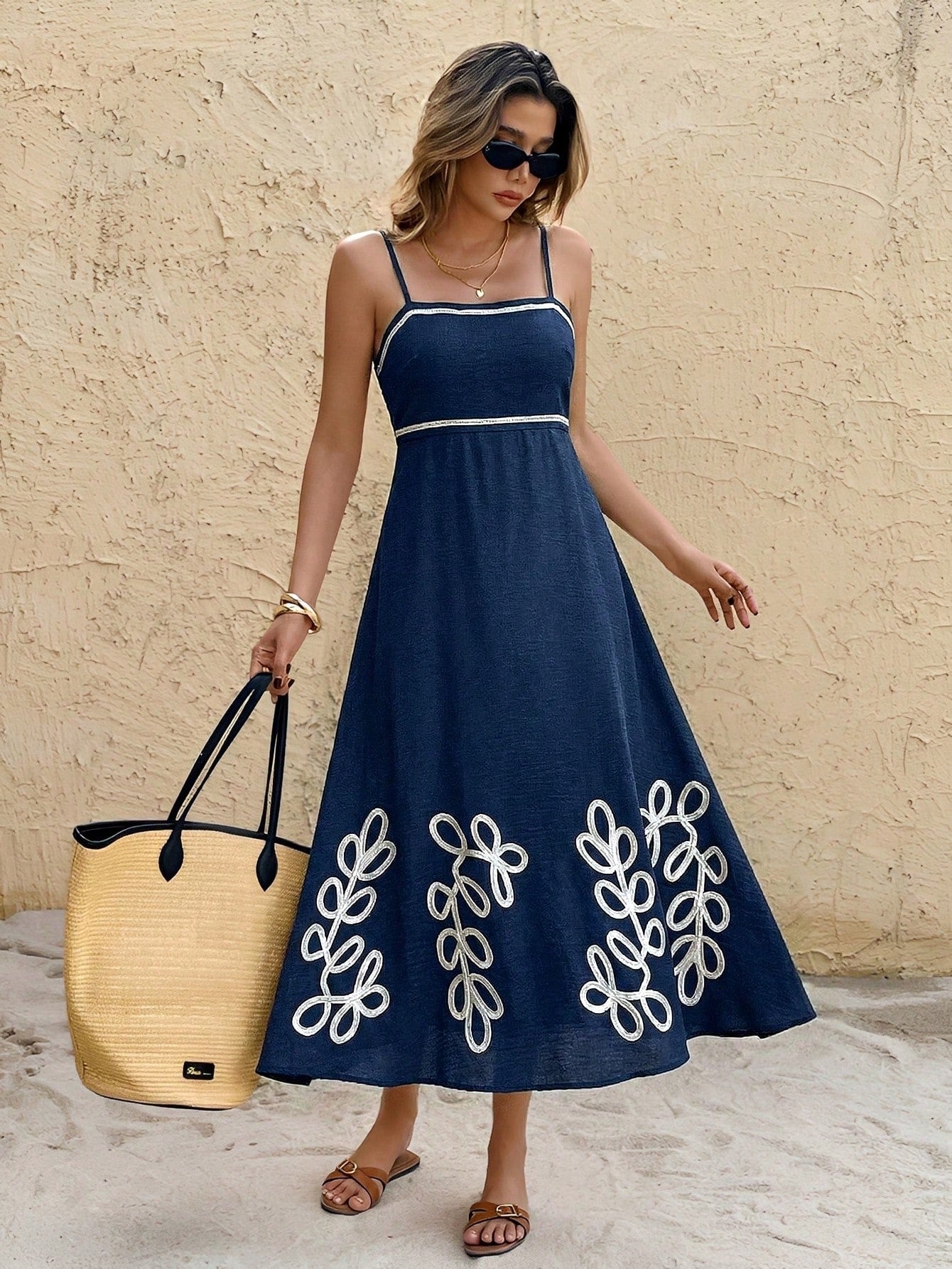 Frenchy Women's Summer Casual Vacation Style Plant Embroidery Waist Tie Slip Dress