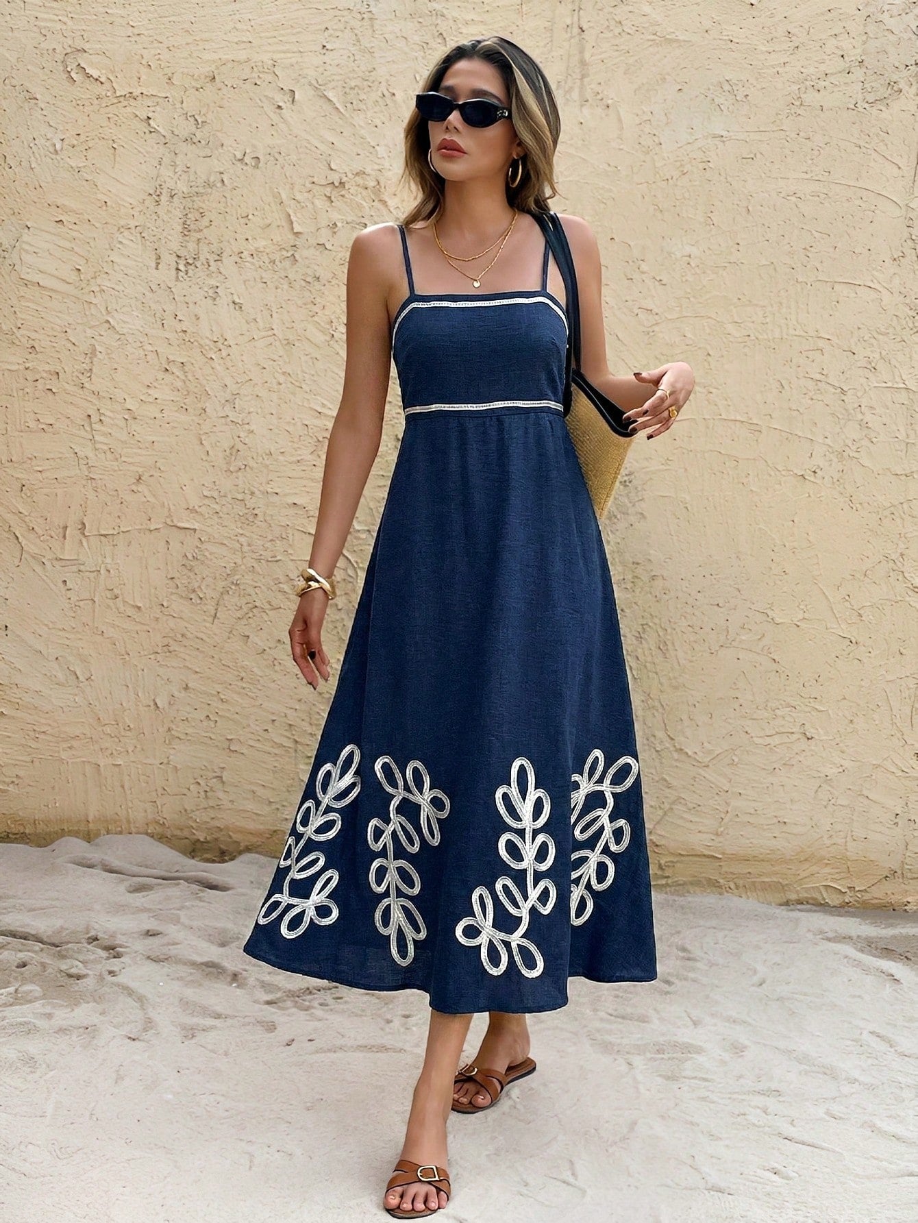 Frenchy Women's Summer Casual Vacation Style Plant Embroidery Waist Tie Slip Dress
