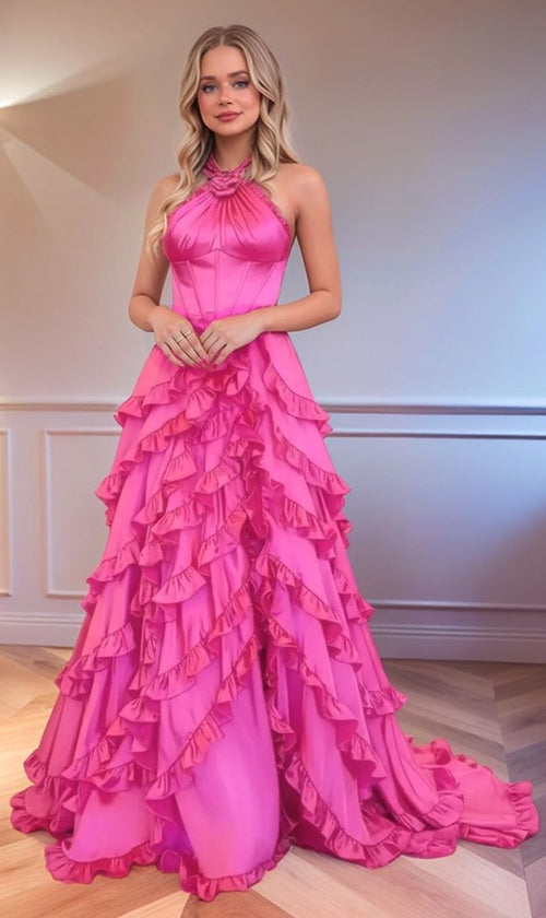 Fuchsia Halter A-Line Prom Dress - Ruffles Satin Evening Formal Gown
