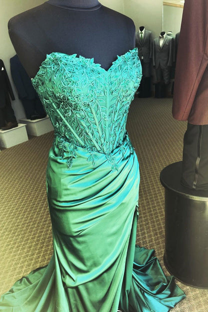Fuchsia Lace and Satin Ruched Mermaid Prom Dress