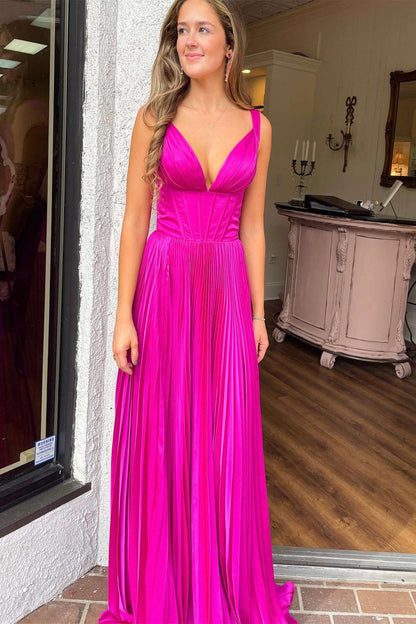 Fuchsia Pleated A-line Long Formal Dress