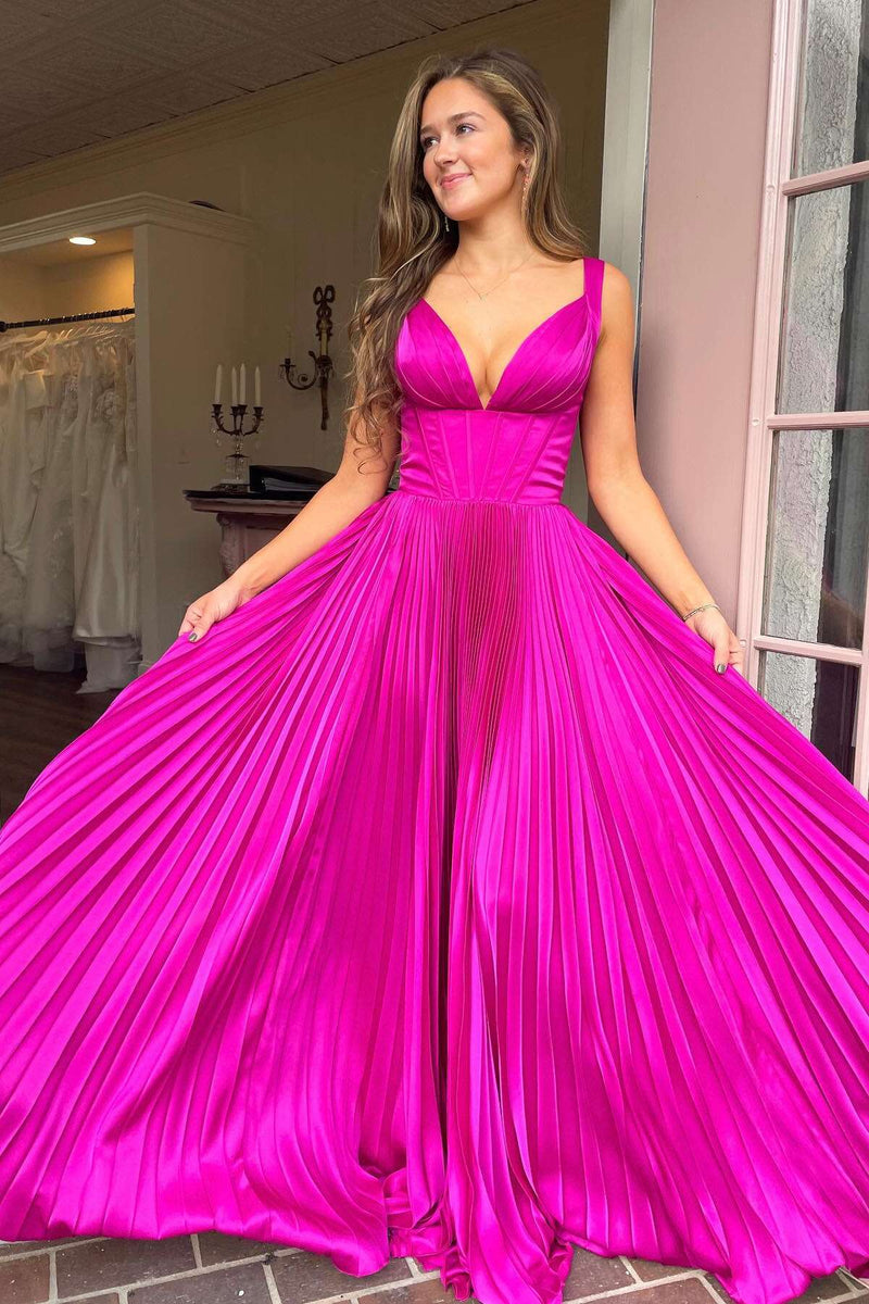 Fuchsia Pleated A-line Long Formal Dress