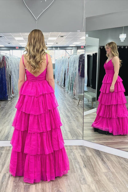 Fuchsia Pleated A-line Ruffles Long Party Dress