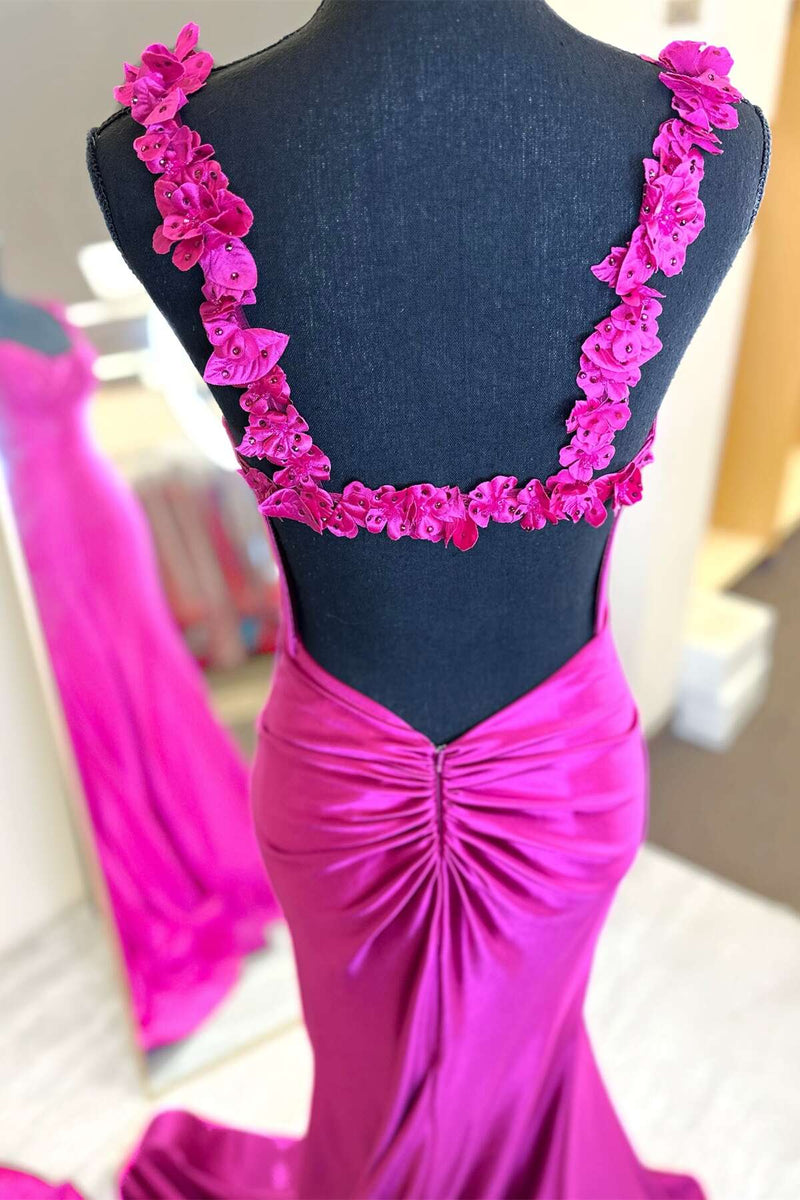 Fuchsia Satin Fitted Long Prom Dress with Slit