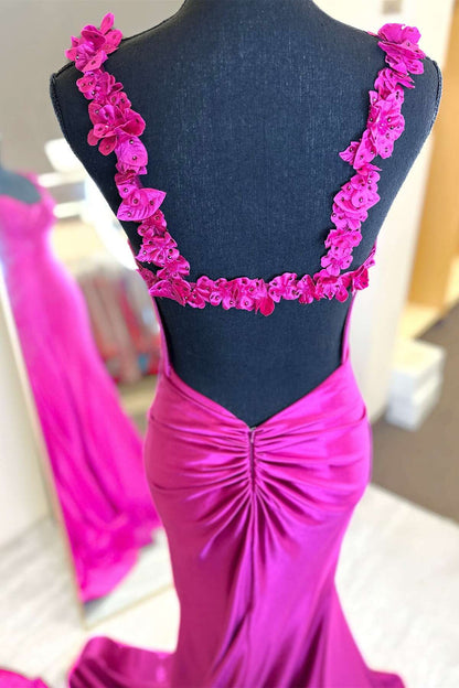 Fuchsia Satin Fitted Long Prom Dress with Slit