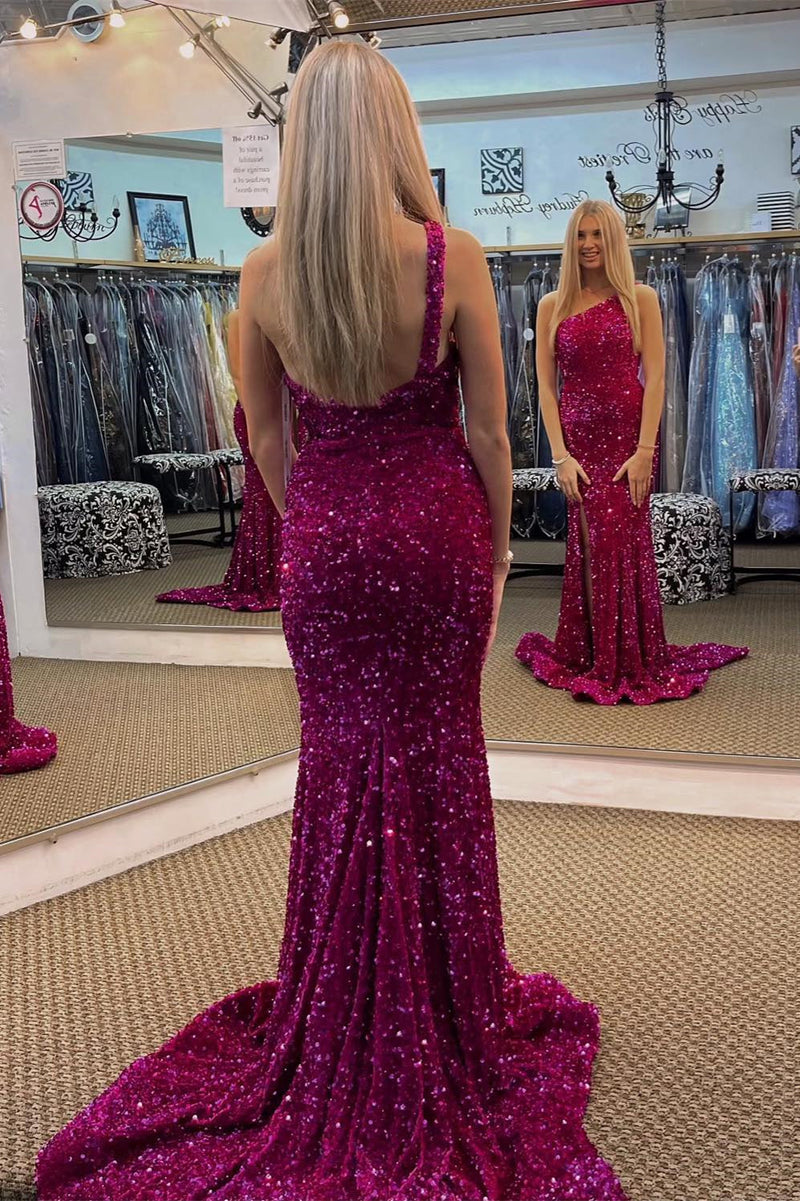 Fuchsia Sequin One Shoulder Mermaid Long Prom Dress with Slit