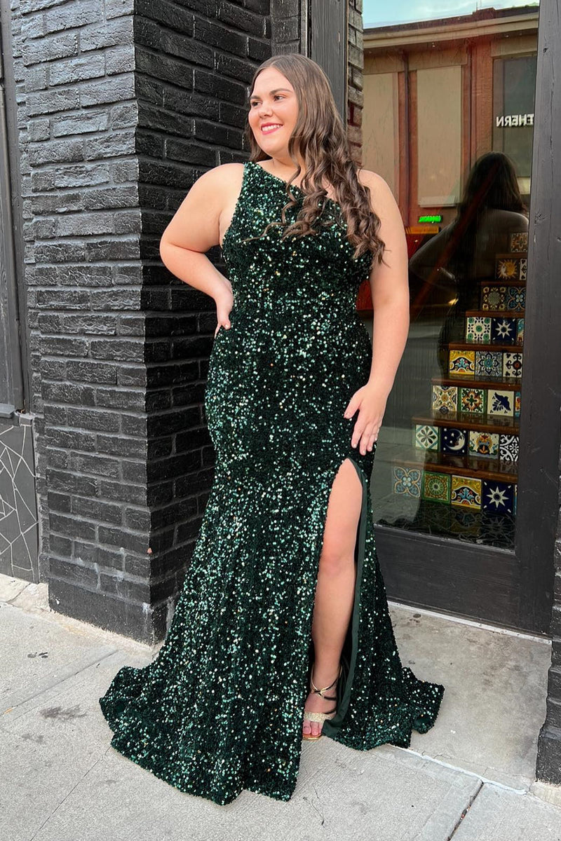 Fuchsia Sequin One Shoulder Mermaid Long Prom Dress with Slit
