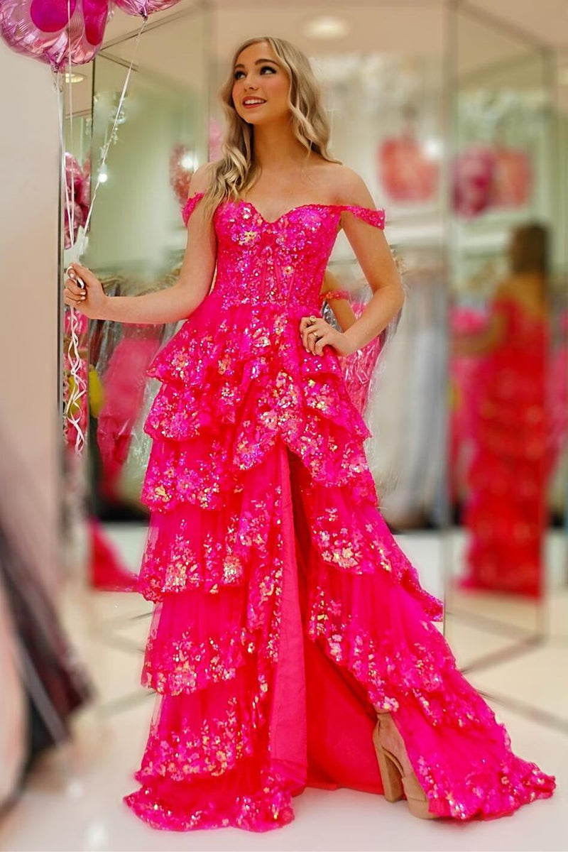 Fuchsia Sequin Tiered Ruffle A-line Long Dress