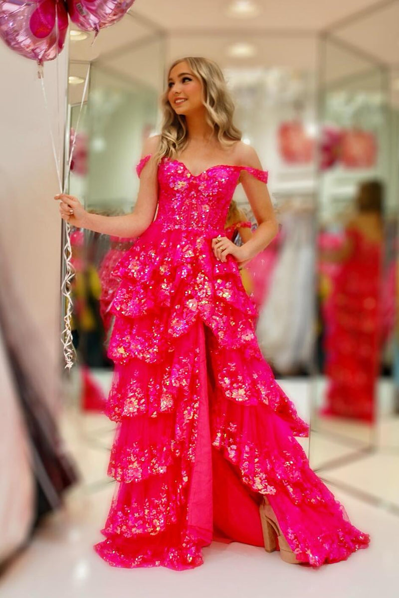 Fuchsia Sequin Tiered Ruffle A-line Long Dress