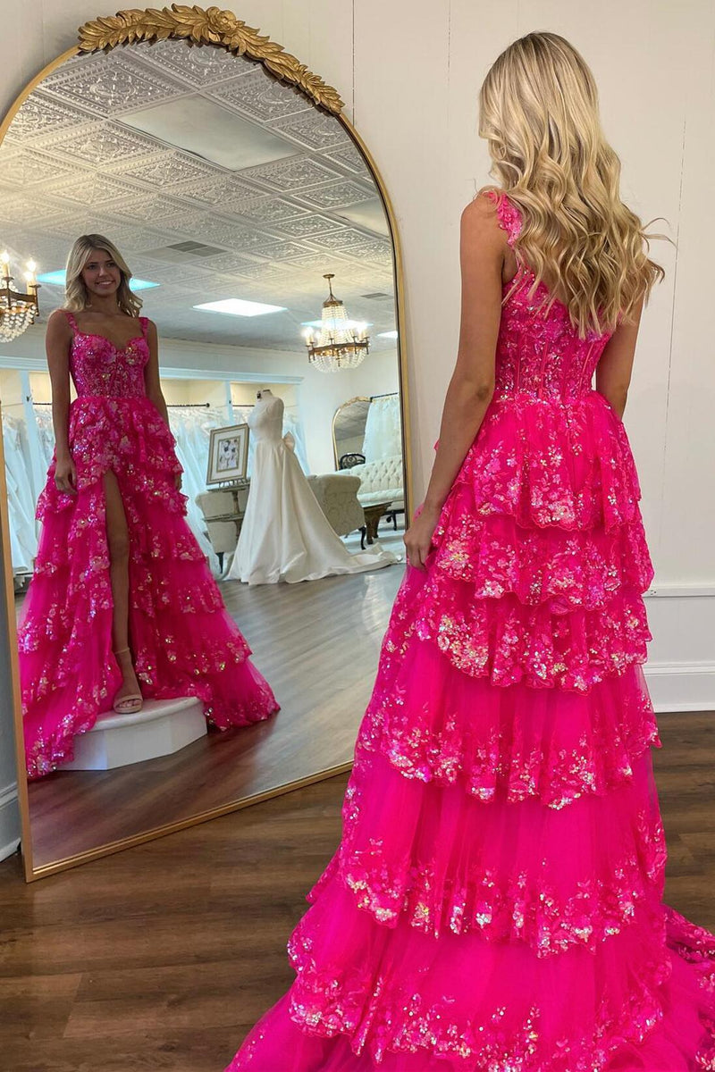 Fuchsia Sequin Tiered Ruffle A-line Long Dress