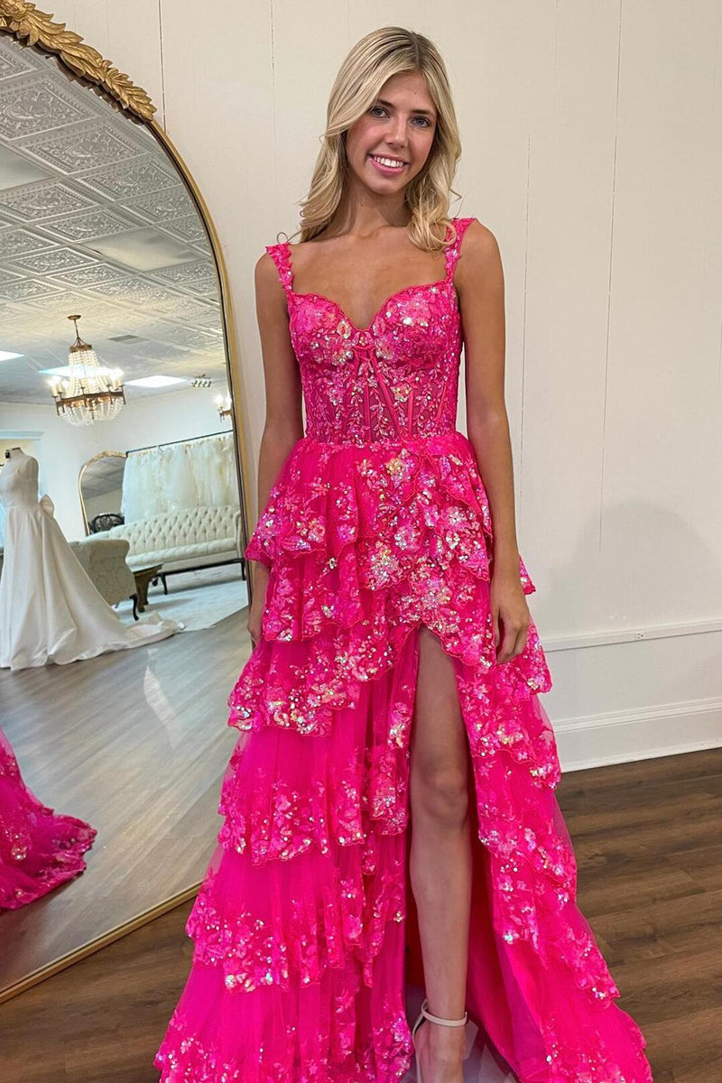 Fuchsia Sequin Tiered Ruffle A-line Long Dress