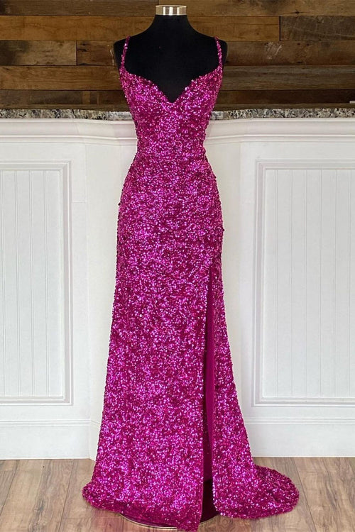 Fuchsia Sequins Mermaid Long Prom Dress with Slit