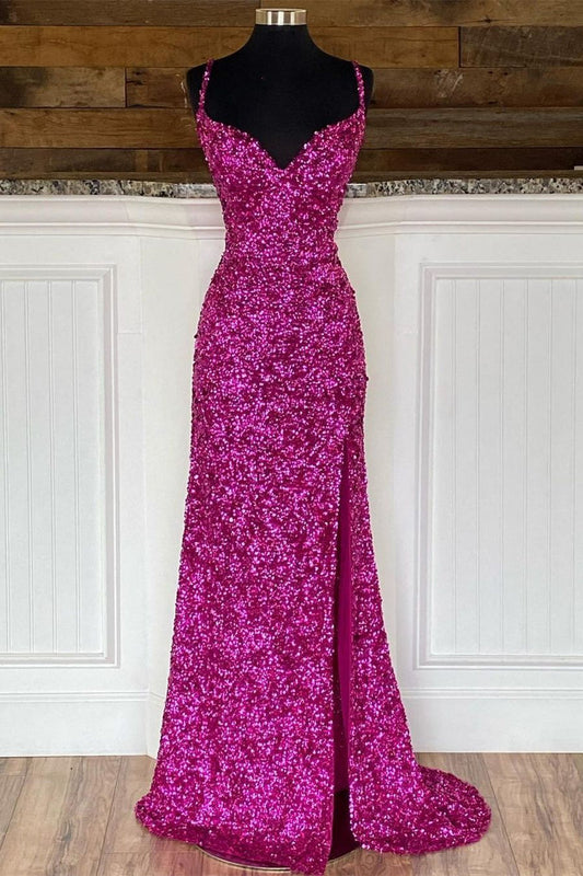 Fuchsia Sequins Mermaid Long Prom Dress with Slit
