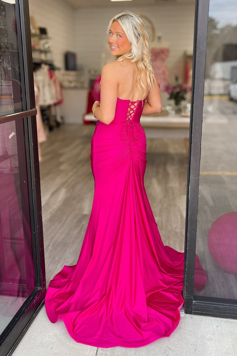 Fuchsia V-neck Mermaid Prom Dress with Slit