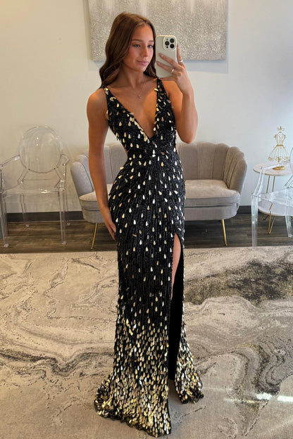 Fully Beaded Prom Dress with Deep V Neck Slit and Open Back