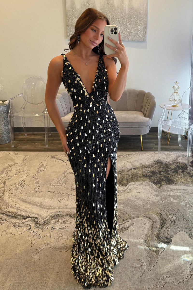 Fully Beaded Prom Dress with Deep V Neck Slit and Open Back