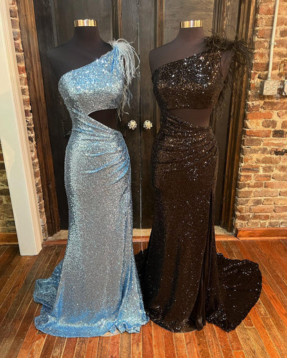 Fur One Shoulder Royal Blue Sequin Mermaid Formal Dress