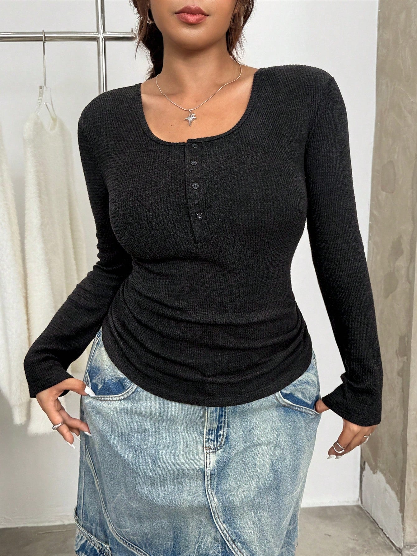GalTyme Plus Size Casual Solid Color Button-Up Long Sleeve T-Shirt, Autumn Formal Holiday Black Fall Holiday
