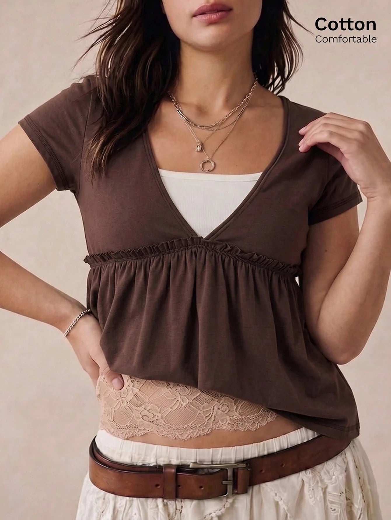 GalTyme Plus Size Women's 2 In 1 Short Sleeve Ruffle Hem Casual T-Shirt