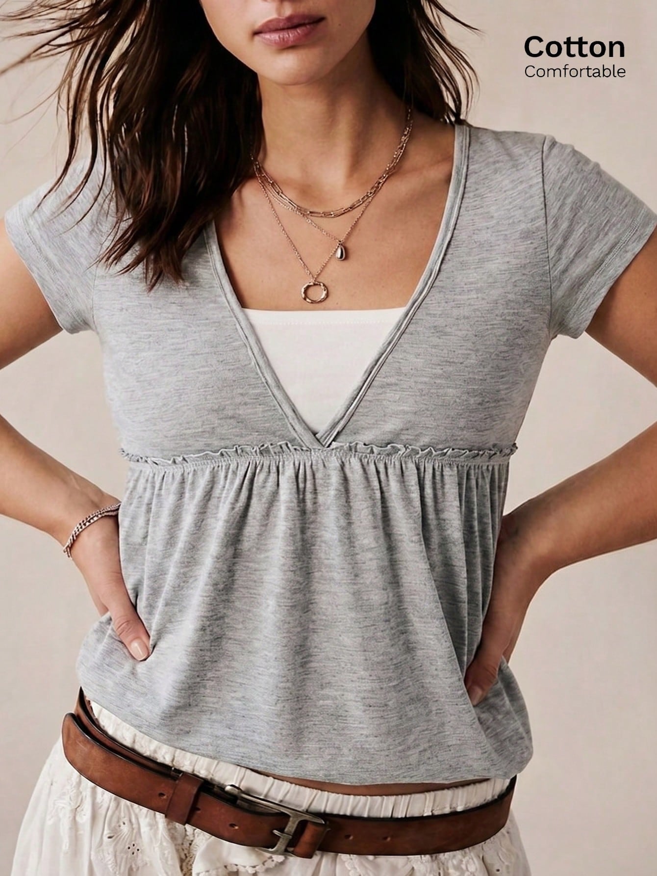 GalTyme Plus Size Women's 2 In 1 Short Sleeve Ruffle Hem Casual T-Shirt