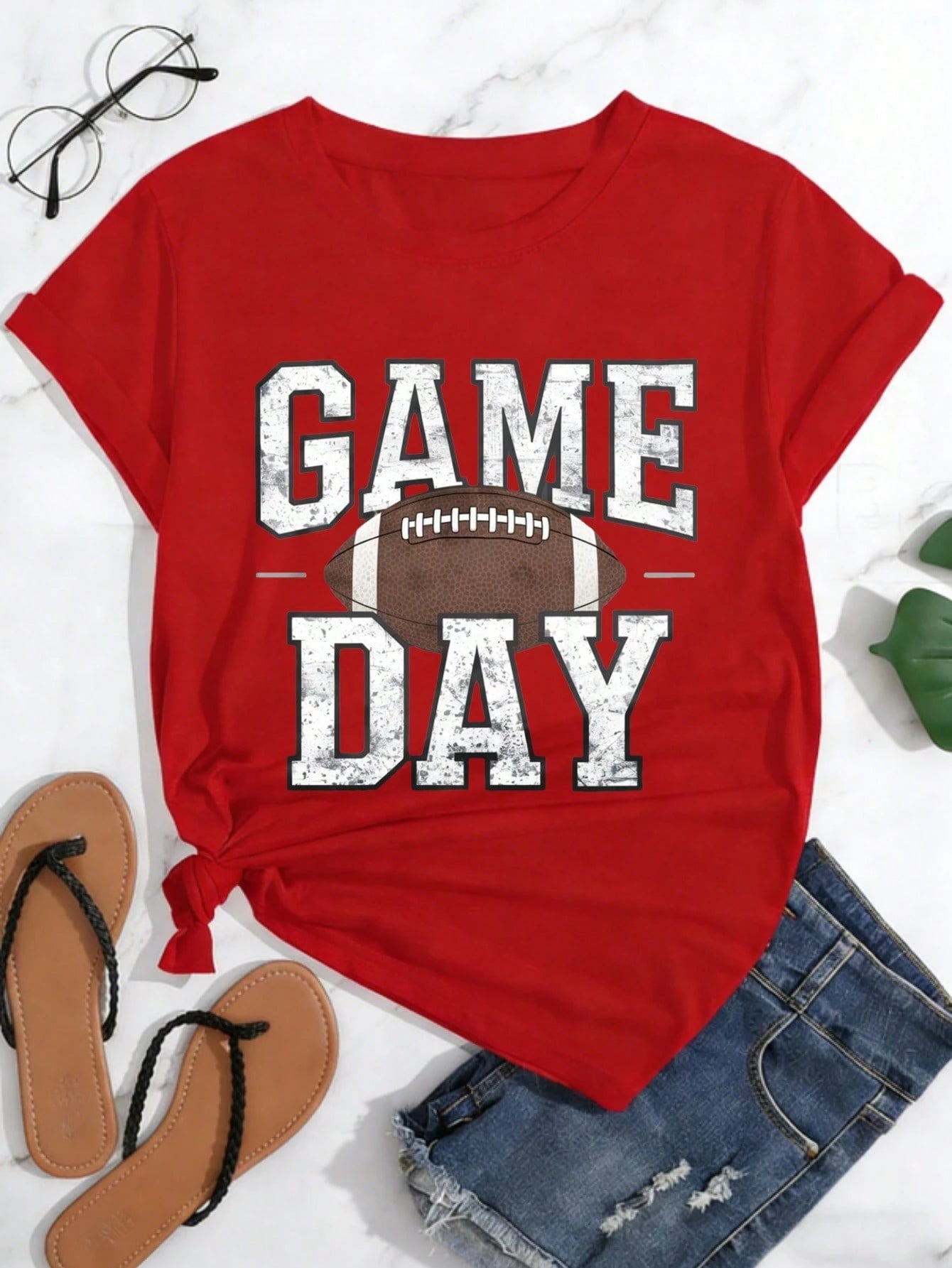 Game Day Football Print Women's Colored Cotton T-Shirt,Understated Luxury Casual Tee Y2K Style With Digital Print An Excellent Gift For Friends