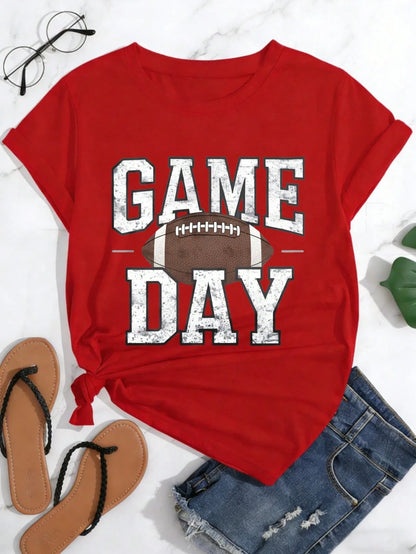 Game Day Football Print Women's Colored Cotton T-Shirt,Understated Luxury Casual Tee Y2K Style With Digital Print An Excellent Gift For Friends