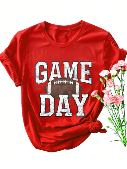 Game Day Football Print Women's Colored Cotton T-Shirt,Understated Luxury Casual Tee Y2K Style With Digital Print An Excellent Gift For Friends